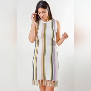 Cupcakes & Cashmere Leandra Striped Fringed Beachy Dress sz S